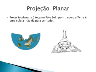  Projeção planar :só toca no Pólo Sul , pois , como a Terra é
uma esfera não dá para ver tudo .
 