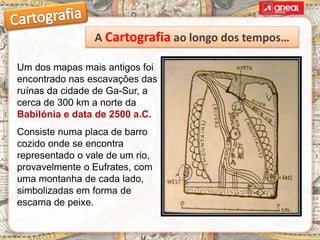 Um dos mapas mais antigos foi
encontrado nas escavações das
ruínas da cidade de Ga-Sur, a
cerca de 300 km a norte da
Babilónia e data de 2500 a.C.
Consiste numa placa de barro
cozido onde se encontra
representado o vale de um rio,
provavelmente o Eufrates, com
uma montanha de cada lado,
simbolizadas em forma de
escama de peixe.
A Cartografia ao longo dos tempos…
 