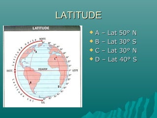 LATITUDELATITUDE
 A – Lat 50° NA – Lat 50° N
 B – Lat 30° SB – Lat 30° S
 C – Lat 30° NC – Lat 30° N
 D – Lat 40° SD – Lat 40° S
 