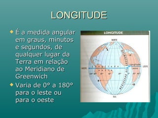 LONGITUDELONGITUDE
 É a medida angularÉ a medida angular
em graus, minutosem graus, minutos
e segundos, dee segundos, de
qualquer lugar daqualquer lugar da
Terra em relaçãoTerra em relação
ao Meridiano deao Meridiano de
GreenwichGreenwich
 Varia de 0° a 180°Varia de 0° a 180°
para o leste oupara o leste ou
para o oestepara o oeste
 