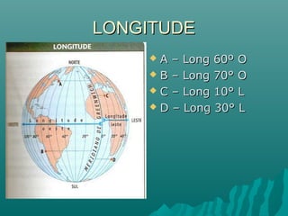LONGITUDELONGITUDE
 A – Long 60º OA – Long 60º O
 B – Long 70° OB – Long 70° O
 C – Long 10° LC – Long 10° L
 D – Long 30° LD – Long 30° L
 