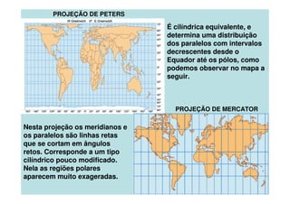 PROJEÇÃO DE PETERS
PROJEÇÃO DE MERCATOR
Nesta projeção os meridianos e
os paralelos são linhas retas
que se cortam em ângulos
retos. Corresponde a um tipo
cilíndrico pouco modificado.
Nela as regiões polares
aparecem muito exageradas.
É cilíndrica equivalente, e
determina uma distribuição
dos paralelos com intervalos
decrescentes desde o
Equador até os pólos, como
podemos observar no mapa a
seguir.
 