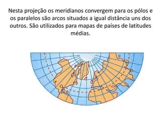 Nesta projeção os meridianos convergem para os pólos e
os paralelos são arcos situados a igual distância uns dos
outros. São utilizados para mapas de países de latitudes
médias.
 