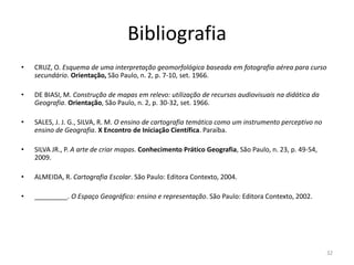 Bibliografia
• CRUZ, O. Esquema de uma interpretação geomorfológica baseada em fotografia aérea para curso
secundário. Orientação, São Paulo, n. 2, p. 7-10, set. 1966.
• DE BIASI, M. Construção de mapas em relevo: utilização de recursos audiovisuais na didática da
Geografia. Orientação, São Paulo, n. 2, p. 30-32, set. 1966.
• SALES, J. J. G., SILVA, R. M. O ensino de cartografia temática como um instrumento perceptivo no
ensino de Geografia. X Encontro de Iniciação Científica. Paraíba.
• SILVA JR., P. A arte de criar mapas. Conhecimento Prático Geografia, São Paulo, n. 23, p. 49-54,
2009.
• ALMEIDA, R. Cartografia Escolar. São Paulo: Editora Contexto, 2004.
• _________. O Espaço Geográfico: ensino e representação. São Paulo: Editora Contexto, 2002.
32
 
