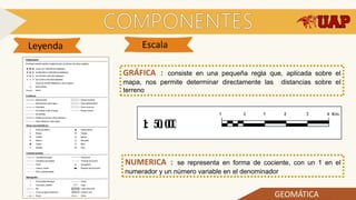 GEOMÁTICA
Leyenda Escala
GRÁFICA : consiste en una pequeña regla que, aplicada sobre el
mapa, nos permite determinar directamente las distancias sobre el
terreno
NUMERICA : se representa en forma de cociente, con un 1 en el
numerador y un número variable en el denominador
 