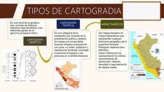 Es una rama de la genética
que, a través de diversos
métodos, trata de ofrecer a los
diferentes genes de un
genoma su espacio físico.
CARTOGRAFÍA
GENÉTICA
CARTOGRAFÍA
TEMÁTICA
Es una categoría de la
cartografía que consiste en la
presentación gráfica y análisis
de mapas que otorga datos
diversos dirigidos al estudio de
una zona, su orden, población y
clasificación territorial, orientada
a examinar el espacio y las
personas en el ámbito electoral.
MAPAS TEMÁTICOS
son mapas basados en
mapas topográficos que
representan cualquier
fenómeno geográfico de la
superficie terrestre.
Persiguen objetivos bien
definidos.
Hacen referencia a la
representación de ciertas
características de
distribución, relación,
densidad o regionalización
de objetos reales.
 