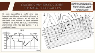 CONSTRUIRUNPERFILA
PARTIRDEUNMAPA
TOPOGRÁFICO
El corte topográfico o perfil, sirve para
hacerse una idea en vertical de cómo es el
relieve que está dibujado en el mapa en
horizontal. Para levantar un perfil, debemos
atender a las curvas de nivel, a la distancia
planimétrica entre los dos puntos y a la
escala del mapa.
 