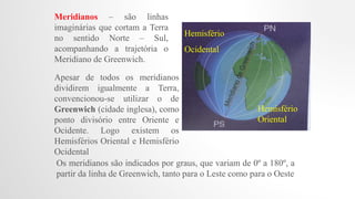 Meridianos – são linhas
imaginárias que cortam a Terra
no sentido Norte – Sul,
acompanhando a trajetória o
Meridiano de Greenwich.
Apesar de todos os meridianos
dividirem igualmente a Terra,
convencionou-se utilizar o de
Greenwich (cidade inglesa), como
ponto divisório entre Oriente e
Ocidente. Logo existem os
Hemisférios Oriental e Hemisfério
Ocidental
Os meridianos são indicados por graus, que variam de 0º a 180º, a
partir da linha de Greenwich, tanto para o Leste como para o Oeste
Hemisfério
Ocidental
Hemisfério
Oriental
 