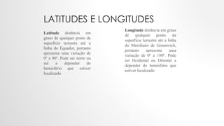 LATITUDES E LONGITUDES
Latitude distância em
graus de qualquer ponto da
superfície terrestre até a
linha do Equador, portanto
apresenta uma variação de
0º a 90º. Pode ser norte ou
sul a depender do
hemisfério que estiver
localizado
Longitude distância em graus
de qualquer ponto da
superfície terrestre até a linha
do Meridiano de Greenwich,
portanto apresenta uma
variação de 0º a 180º. Pode
ser Ocidental ou Oriental a
depender do hemisfério que
estiver localizado
 