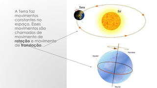 A Terra faz
movimentos
constantes no
espaço. Esses
movimentos são
chamados de
movimento de
rotação e movimento
de translação.
 