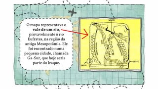 O mapa representava o
vale de um rio,
provavelmente o rio
Eufrates, na região da
antiga Mesopotâmia. Ele
foi encontrado numa
pequena cidade, chamada
Ga-Sur, que hoje seria
parte do Iraque.
 