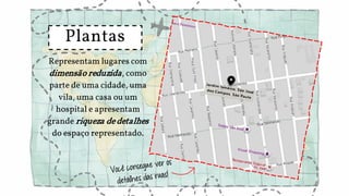 Plantas
Representam lugares com
dimensão reduzida, como
parte de uma cidade, uma
vila, uma casa ou um
hospital e apresentam
grande riqueza dedetalhes
do espaço representado.
 