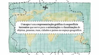 O mapa é uma representação gráfica da superfície
terrestre que serve para a orientação e a localização de
objetos, pessoas, ruas, cidades e países no espaço geográfico.
 