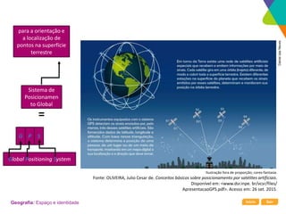 Início Sair
Geografia: Espaço e identidade
Global Positioning System
Sistema de
Posicionamen
to Global
=
G P S
para a orientação e
a localização de
pontos na superfície
terrestre
Daniel
das
Neves
Ilustração fora de proporção; cores-fantasia.
Fonte: OLIVEIRA, Julio Cesar de. Conceitos básicos sobre posicionamento por satélites artificiais.
Disponível em: <www.dsr.inpe. br/vcsr/files/
ApresentacaoGPS.pdf>. Acesso em: 26 set. 2015.
 