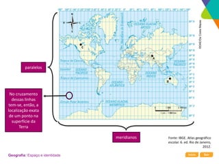 Início Sair
Geografia: Espaço e identidade
paralelos
meridianos
No cruzamento
dessas linhas
tem-se, então, a
localização exata
de um ponto na
superfície da
Terra
©DAE/Da
Costa
Mapas
Fonte: IBGE. Atlas geográfico
escolar. 6. ed. Rio de Janeiro,
2012.
 