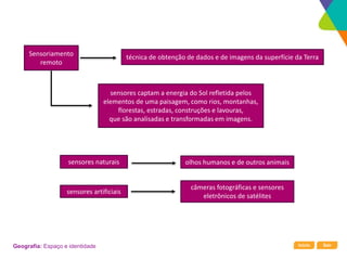 Início Sair
Geografia: Espaço e identidade
Sensoriamento
remoto
técnica de obtenção de dados e de imagens da superfície da Terra
sensores captam a energia do Sol refletida pelos
elementos de uma paisagem, como rios, montanhas,
florestas, estradas, construções e lavouras,
que são analisadas e transformadas em imagens.
sensores naturais
sensores artificiais
olhos humanos e de outros animais
câmeras fotográficas e sensores
eletrônicos de satélites
 