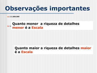 Observações importantes
a) 1:1.000.000
b) 1:10.000
Quanto menor a riqueza de detalhes
menor é a Escala
Quanto maior a riqueza de detalhes maior
é a Escala
 
