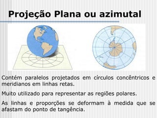 Projeção Plana ou azimutal
Contém paralelos projetados em círculos concêntricos e
meridianos em linhas retas.
Muito utilizado para representar as regiões polares.
As linhas e proporções se deformam à medida que se
afastam do ponto de tangência.
 