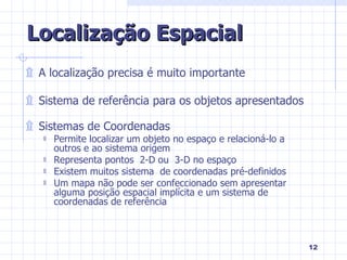 Localização Espacial A localização precisa é muito importante Sistema de referência para os objetos apresentados Sistemas de Coordenadas Permite localizar um objeto no espaço e relacioná-lo a outros e ao sistema origem Representa pontos  2-D ou  3-D no espaço Existem muitos sistema  de coordenadas pré-definidos Um mapa não pode ser confeccionado sem apresentar alguma posição espacial implícita e um sistema de coordenadas de referência 