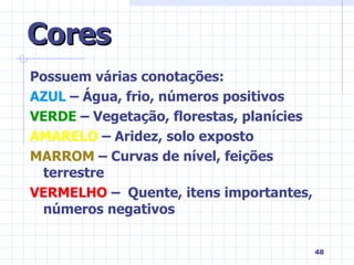Cores Possuem várias conotações: AZUL  – Água, frio, números positivos VERDE  – Vegetação, florestas, planícies AMARELO  – Aridez, solo exposto MARROM  – Curvas de nível, feições terrestre VERMELHO  –  Quente, itens importantes, números negativos 