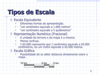 Tipos de Escala Escala Equivalente Diferentes formas de apresentação. “ um centímetro equivale a 1.000 metros” “ um centímetro equivale a 5 quilômetros” Representação Numérica (Fracional) A unidade do terreno e do mapa é a mesma. Menos confusa. 1:65.000 representa que 1 centímetro equivale a 65.000 centímetros, ou um metro equivale a 65.000 metros. Escala Gráfica Possibilidade de se obter distancia diretamente sobre o mapa. 10 km 0 km 5 km 