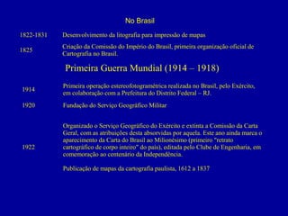 No Brasil
1822-1831

Desenvolvimento da litografia para impressão de mapas

1825

Criação da Comissão do Império do Brasil, primeira organização oficial de
Cartografia no Brasil.

Primeira Guerra Mundial (1914 – 1918)
1914

Primeira operação estereofotogramétrica realizada no Brasil, pelo Exército,
em colaboração com a Prefeitura do Distrito Federal – RJ.

1920

Fundação do Serviço Geográfico Militar

1922

Organizado o Serviço Geográfico do Exército e extinta a Comissão da Carta
Geral, com as atribuições desta absorvidas por aquela. Este ano ainda marca o
aparecimento da Carta do Brasil ao Milionésimo (primeiro "retrato
cartográfico de corpo inteiro" do país), editada pelo Clube de Engenharia, em
comemoração ao centenário da Independência.
Publicação de mapas da cartografia paulista, 1612 a 1837

 