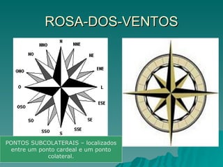 ROSA-DOS-VENTOS PONTOS SUBCOLATERAIS – localizados entre um ponto cardeal e um ponto colateral. 