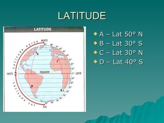 LATITUDE A – Lat 50° N B – Lat 30° S C – Lat 30° N D – Lat 40° S 