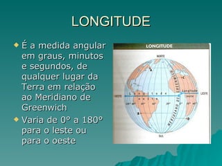 LONGITUDE É a medida angular em graus, minutos e segundos, de qualquer lugar da Terra em relação ao Meridiano de Greenwich Varia de 0° a 180° para o leste ou para o oeste 