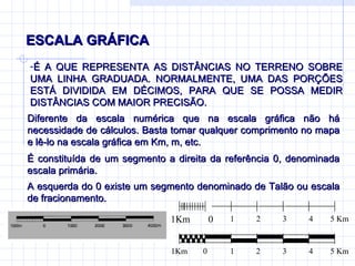 ESCALA GRÁFICA É A QUE REPRESENTA AS DISTÂNCIAS NO TERRENO SOBRE UMA LINHA GRADUADA. NORMALMENTE, UMA DAS PORÇÕES ESTÁ DIVIDIDA EM DÉCIMOS, PARA QUE SE POSSA MEDIR DISTÂNCIAS COM MAIOR PRECISÃO.  Diferente da escala numérica que na escala gráfica não há necessidade de cálculos. Basta tomar qualquer comprimento no mapa e lê-lo na escala gráfica em Km, m, etc. É constituída de um segmento a direita da referência 0, denominada escala primária. A esquerda do 0 existe um segmento denominado de Talão ou escala de fracionamento. 