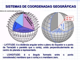 SISTEMAS DE COORDENADAS GEOGRÁFICAS LATITUDE: é a distância angular entre o plano do Equador e o ponto da Terra(até o paralelo que o corta), unido perpendicularmente ao centro do planeta e representado.  LONGITUDE: é o ângulo formado entre o ponto considerado( meridiano que o corta) e o meridiano zero. 