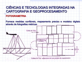 CIÊNCIAS E TECNOLOGIAS INTEGRADAS NA CARTOGRAFIA E GEOPROCESAMENTO FOTOGRAMETRIA Fornece medidas confiáveis, mapeamento preciso e modelos digitais através de fotografias métricas 