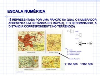 ESCALA NUMÉRICA É REPRESENTADA POR UMA FRAÇÃO NA QUAL O NUMERADOR APRESENTA UM DISTÂNCIA NO MAPA(d), E O DENOMINADOR, A DISTÂNCIA CORRESPONDENTE NO TERRENO(D).  1: 100.000 1 / 100.000 