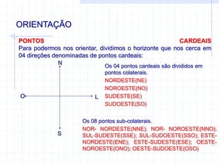 ORIENTAÇÃO
PONTOS CARDEAIS
Para podermos nos orientar, dividimos o horizonte que nos cerca em
04 direções denominadas de pontos cardeais:
N
S
L
O
Os 04 pontos cardeais são divididos em
pontos colaterais.
NORDESTE(NE)
NOROESTE(NO)
SUDESTE(SE)
SUDOESTE(SO)
Os 08 pontos sub-colaterais.
NOR- NORDESTE(NNE); NOR- NOROESTE(NNO);
SUL-SUDESTE(SSE); SUL-SUDOESTE(SSO); ESTE-
NORDESTE(ENE); ESTE-SUDESTE(ESE); OESTE-
NOROESTE(ONO); OESTE-SUDOESTE(OSO)
 
