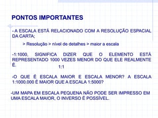 PONTOS IMPORTANTES
- A ESCALA ESTÁ RELACIONADO COM A RESOLUÇÃO ESPACIAL
DA CARTA;
-1:1000, SIGNIFICA DIZER QUE O ELEMENTO ESTÁ
REPRESENTADO 1000 VEZES MENOR DO QUE ELE REALMENTE
É.
-O QUE É ESCALA MAIOR E ESCALA MENOR? A ESCALA
1:1000.000 É MAIOR QUE A ESCALA 1:5000?
-UM MAPA EM ESCALA PEQUENA NÃO PODE SER IMPRESSO EM
UMA ESCALA MAIOR, O INVERSO É POSSÍVEL.
> Resolução > nível de detalhes > maior a escala
1:1
 