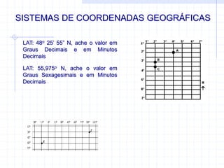 SISTEMAS DE COORDENADAS GEOGRÁFICAS
LAT: 48o 25’ 55” N, ache o valor em
Graus Decimais e em Minutos
Decimais
LAT: 55,975o N, ache o valor em
Graus Sexagesimais e em Minutos
Decimais
 