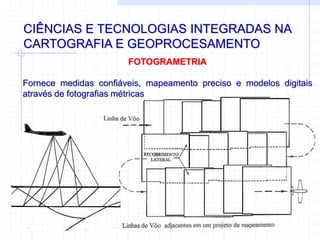 CIÊNCIAS E TECNOLOGIAS INTEGRADAS NA
CARTOGRAFIA E GEOPROCESAMENTO
FOTOGRAMETRIA
Fornece medidas confiáveis, mapeamento preciso e modelos digitais
através de fotografias métricas
 