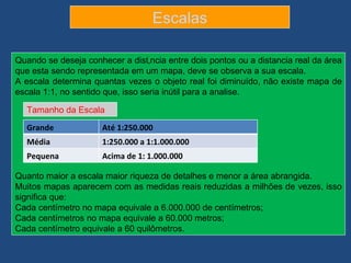 Escalas

Quando se deseja conhecer a distância entre dois pontos ou a distancia real da área
que esta sendo representada em um mapa, deve se observa a sua escala.
A escala determina quantas vezes o objeto real foi diminuído, não existe mapa de
escala 1:1, no sentido que, isso seria inútil para a analise.

  Tamanho da Escala

  Grande              Até 1:250.000
  Média               1:250.000 a 1:1.000.000
  Pequena             Acima de 1: 1.000.000

Quanto maior a escala maior riqueza de detalhes e menor a área abrangida.
Muitos mapas aparecem com as medidas reais reduzidas a milhões de vezes, isso
significa que:
Cada centímetro no mapa equivale a 6.000.000 de centímetros;
Cada centímetros no mapa equivale a 60.000 metros;
Cada centímetro equivale a 60 quilômetros.
 