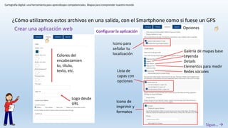 Cartografía digital: una herramienta para aprendizajes competenciales. Mapas para comprender nuestro mundo
¿Cómo utilizamos estos archivos en una salida, con el Smartphone como si fuese un GPS
Sigue… 
Crear una aplicación web Configurar la aplicación
Colores del
encabezamien
to, título,
texto, etc.
Logo desde
URL
Opciones
Galería de mapas base
Leyenda
Details
Elementos para medir
Redes socialesLista de
capas con
opciones
Icono de
imprimir y
formatos
Icono para
señalar tu
localización
 