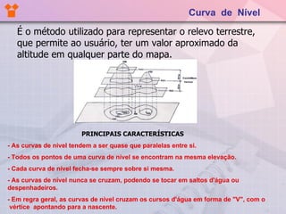 Curva  de  Nível É o método utilizado para representar o relevo terrestre, que permite ao usuário, ter um valor aproximado da altitude em qualquer parte do mapa. PRINCIPAIS CARACTERÍSTICAS - As curvas de nível tendem a ser quase que paralelas entre si. - Todos os pontos de uma curva de nível se encontram na mesma elevação. - Cada curva de nível fecha-se sempre sobre si mesma. - As curvas de nível nunca se cruzam, podendo se tocar em saltos d'água ou  despenhadeiros. - Em regra geral, as curvas de nível cruzam os cursos d'água em forma de "V", com o  vértice  apontando para a nascente. 
