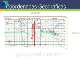 Coordenadas Geográficas
          Longitude




         Meridiano    Paralelo   Latitude
 
