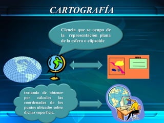 CARTOGRAFÍA
                    Ciencia que se ocupa de
                    la representación plana
                    de la esfera o elipsoide


                                               MAPA




tratando de obtener
por     cálculos   las
coordenadas de los
puntos ubicados sobre
dichas superficie.
 