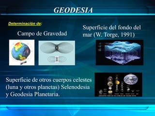 GEODESIA
 Determinación de:
                                Superficie del fondo del
     Campo de Gravedad          mar (W. Torge, 1991)




Superficie de otros cuerpos celestes
(luna y otros planetas) Selenodesia
y Geodesia Planetaria.
 