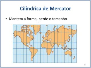 Cilíndrica de Mercator
• Mantem a forma, perde o tamanho
30
 