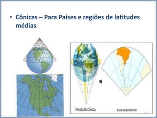 • Cônicas – Para Países e regiões de latitudes
médias
33
 