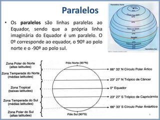 Paralelos
• Os paralelos são linhas paralelas ao
Equador, sendo que a própria linha
imaginária do Equador é um paralelo. O
0º corresponde ao equador, o 90º ao polo
norte e o -90º ao polo sul.
4
 
