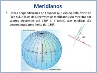Meridianos
• Linhas perpendiculares ao Equador que vão do Polo Norte ao
Polo Sul. A leste de Greenwich os meridianos são medidos por
valores crescentes até 180º e, a oeste, suas medidas são
decrescentes até o limite de -180º.
5
 