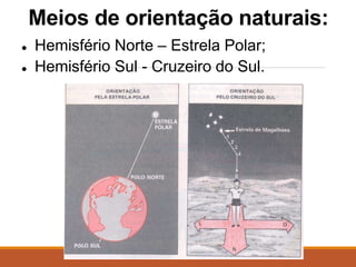 Meios de orientação naturais:
● Hemisfério Norte – Estrela Polar;
● Hemisfério Sul - Cruzeiro do Sul.
 