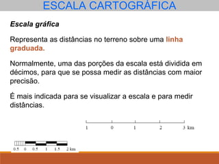 ESCALA CARTOGRÁFICA
Escala gráfica
Representa as distâncias no terreno sobre uma linha
graduada.
Normalmente, uma das porções da escala está dividida em
décimos, para que se possa medir as distâncias com maior
precisão.
É mais indicada para se visualizar a escala e para medir
distâncias.
 