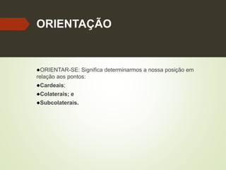 ORIENTAÇÃO
●ORIENTAR-SE: Significa determinarmos a nossa posição em
relação aos pontos:
●Cardeais;
●Colaterais; e
●Subcolaterais.
 